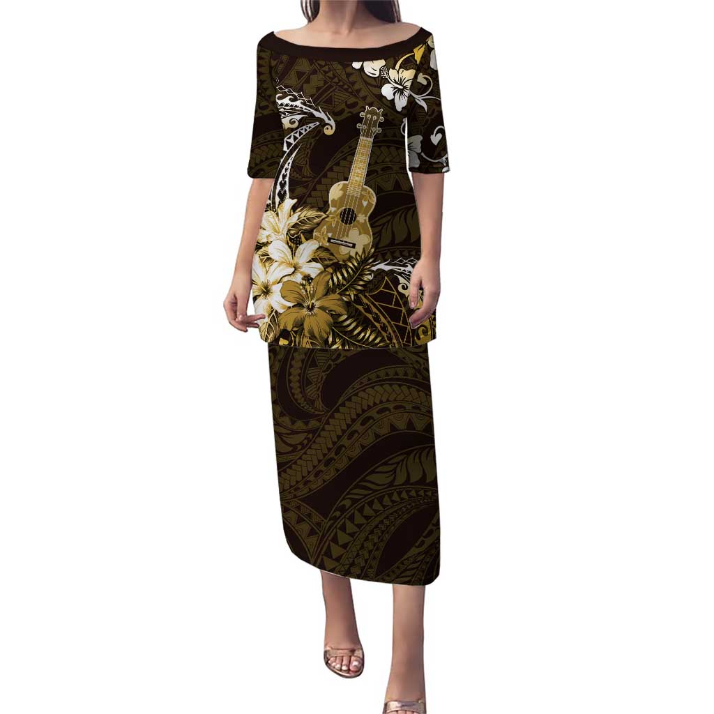 Hawaii Ukulele Puletasi Polynesian Pattern Mix Hibiscus Gold Version LT05 Long Dress Gold - Polynesian Pride