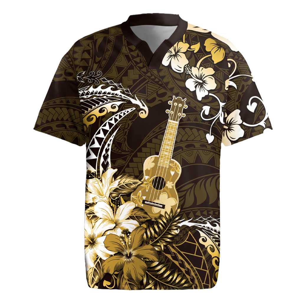 Hawaii Ukulele Rugby Jersey Polynesian Pattern Mix Hibiscus Gold Version LT05 Gold - Polynesian Pride
