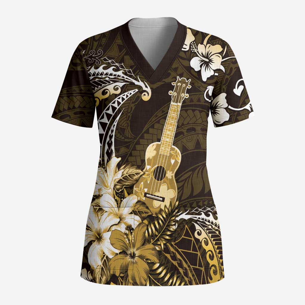 Hawaii Ukulele Scrub Top Polynesian Pattern Mix Hibiscus Gold Version - Polynesian Pride