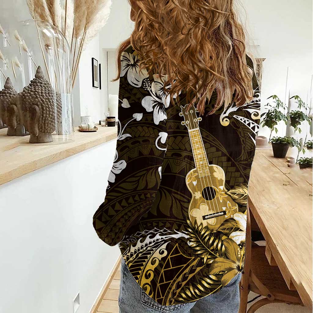 Hawaii Ukulele Women Casual Shirt Polynesian Pattern Mix Hibiscus Gold Version LT05