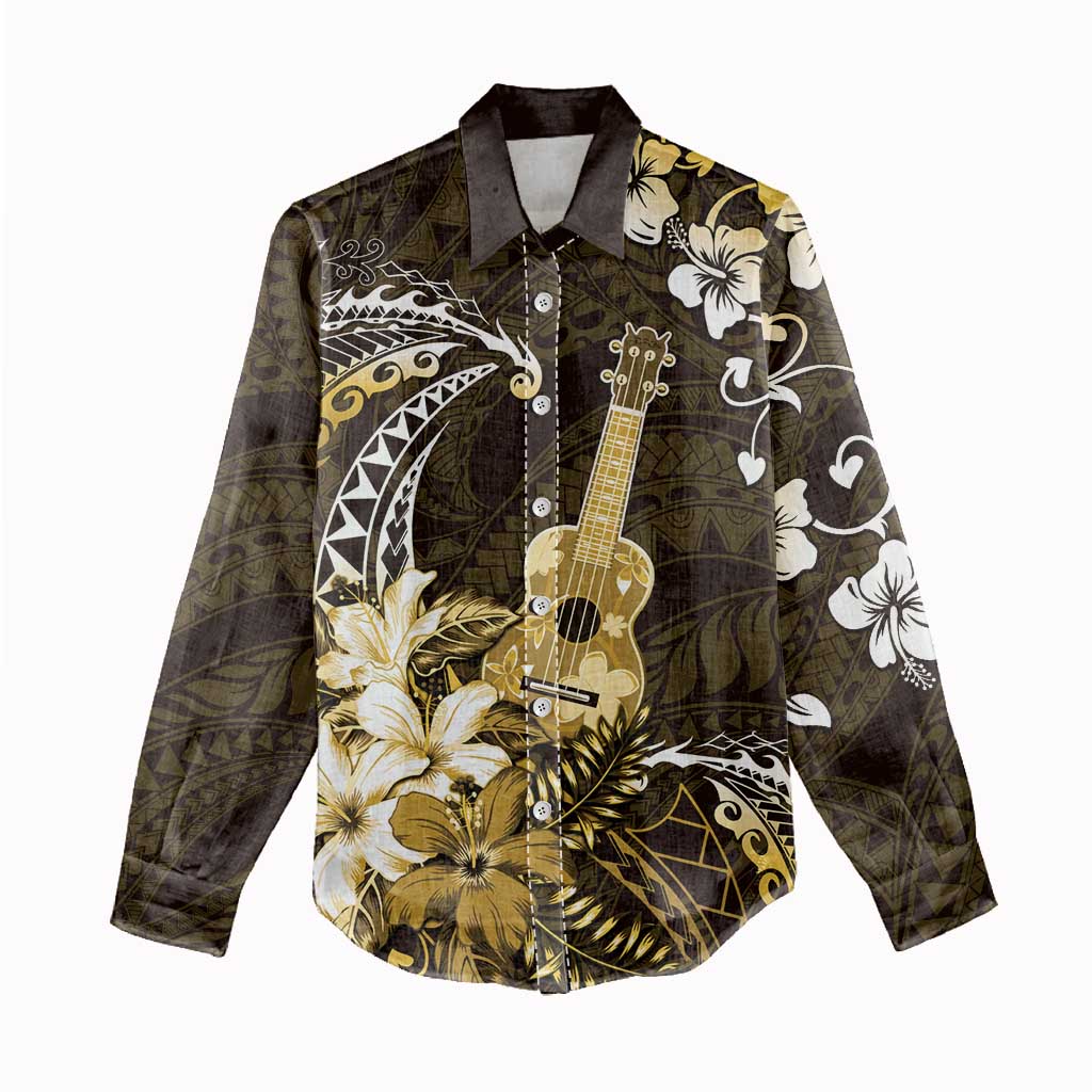 Hawaii Ukulele Women Casual Shirt Polynesian Pattern Mix Hibiscus Gold Version LT05