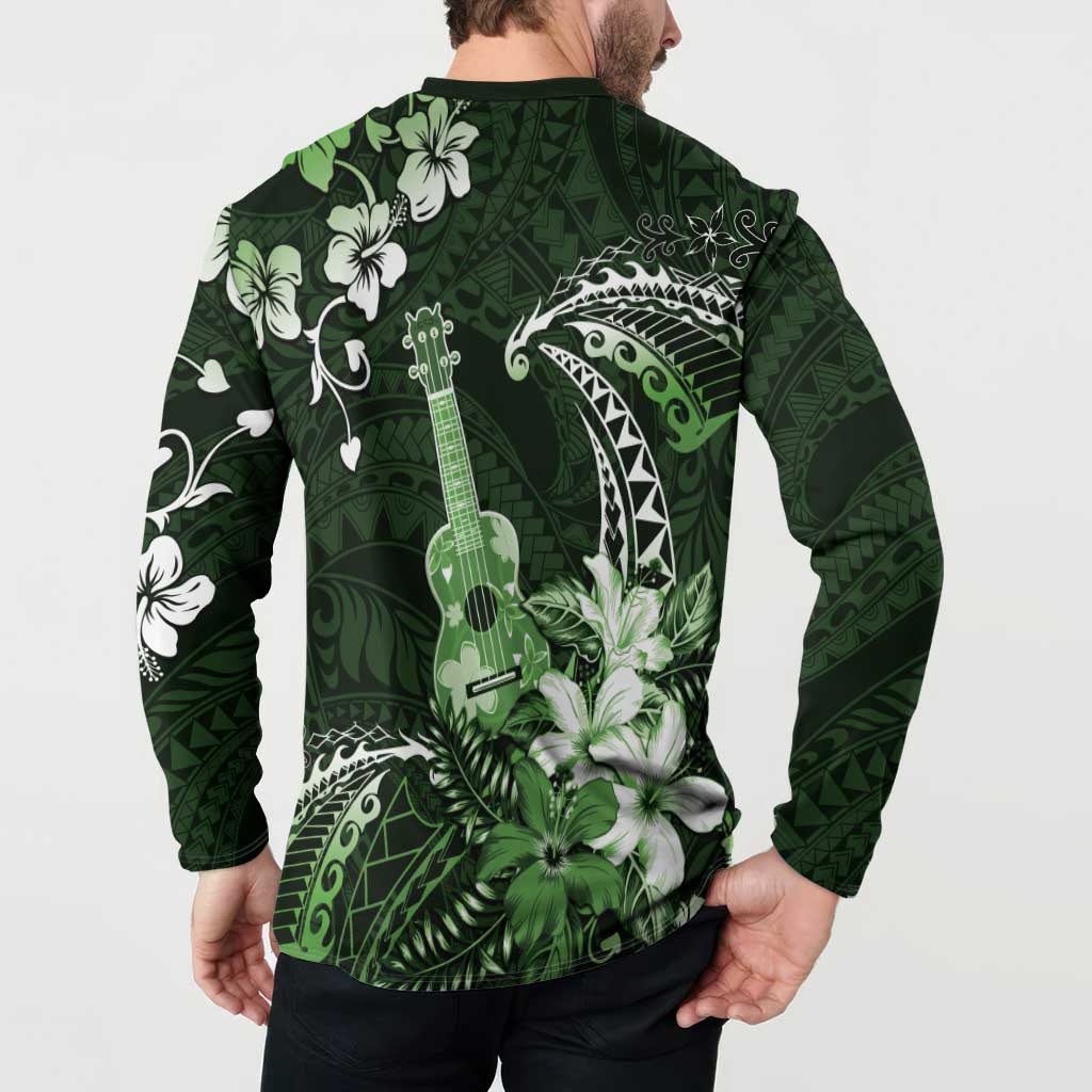 Hawaii Ukulele Button Sweatshirt Polynesian Pattern Mix Hibiscus Green Version LT05 - Polynesian Pride