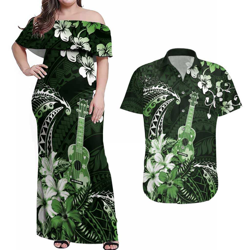 Hawaii Ukulele Couples Matching Off Shoulder Maxi Dress and Hawaiian Shirt Polynesian Pattern Mix Hibiscus Green Version LT05 Green - Polynesian Pride