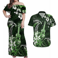 Hawaii Ukulele Couples Matching Off Shoulder Maxi Dress and Hawaiian Shirt Polynesian Pattern Mix Hibiscus Green Version LT05 Green - Polynesian Pride