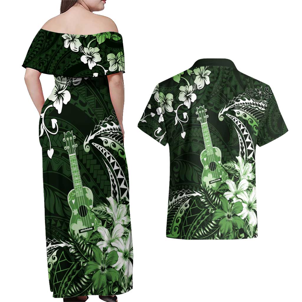 Hawaii Ukulele Couples Matching Off Shoulder Maxi Dress and Hawaiian Shirt Polynesian Pattern Mix Hibiscus Green Version LT05 - Polynesian Pride