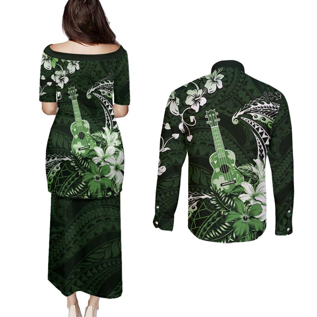Hawaii Ukulele Couples Matching Puletasi and Long Sleeve Button Shirt Polynesian Pattern Mix Hibiscus Green Version LT05 - Polynesian Pride