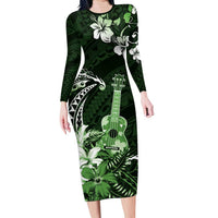 Hawaii Ukulele Family Matching Long Sleeve Bodycon Dress and Hawaiian Shirt Polynesian Pattern Mix Hibiscus Green Version LT05 Mom's Dress Green - Polynesian Pride