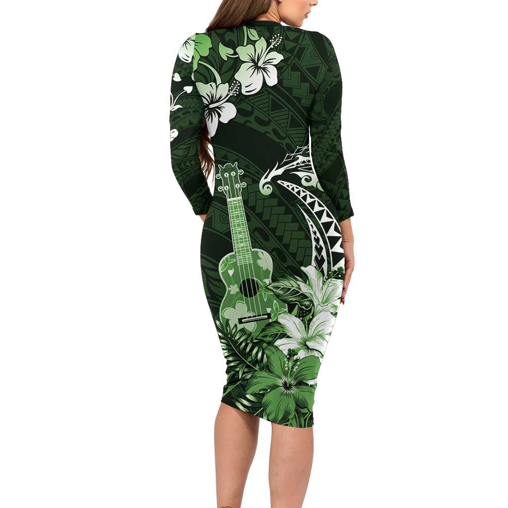 Hawaii Ukulele Family Matching Long Sleeve Bodycon Dress and Hawaiian Shirt Polynesian Pattern Mix Hibiscus Green Version LT05 - Polynesian Pride