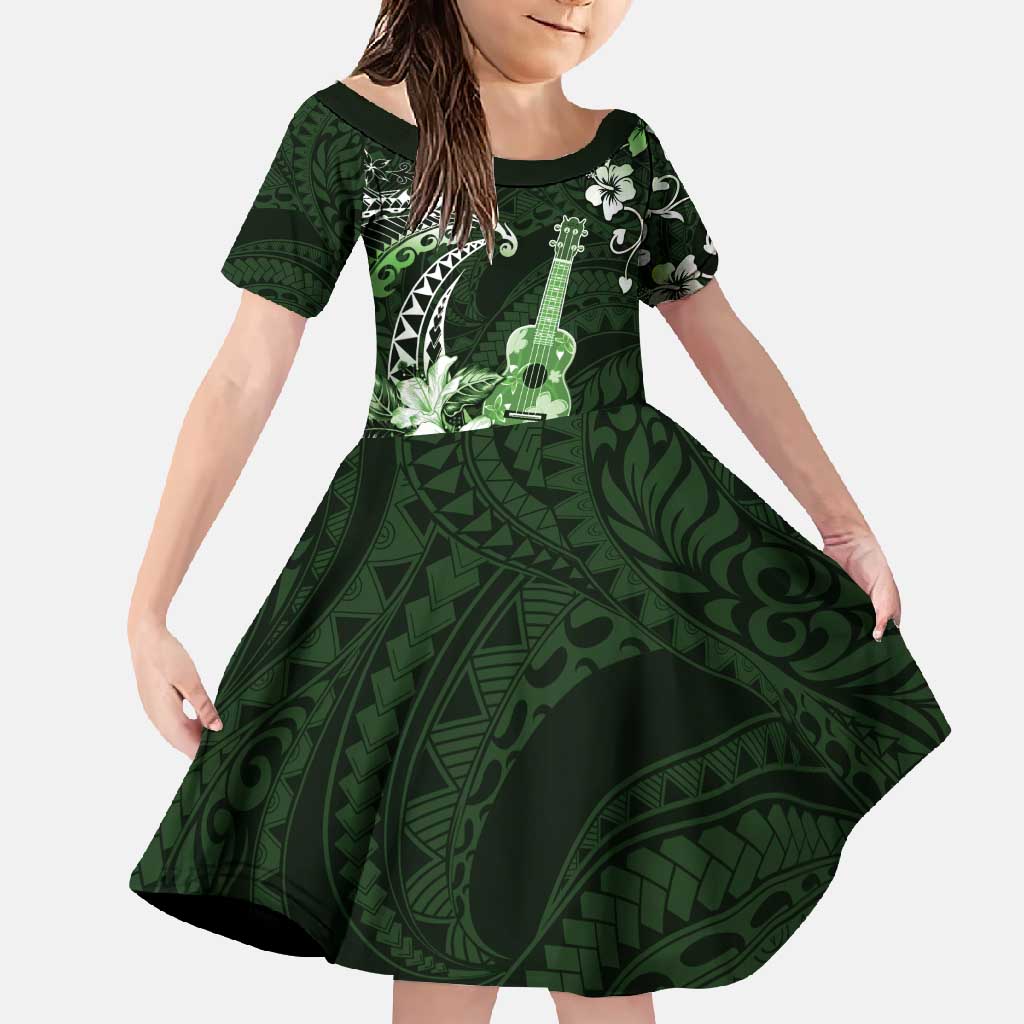 Hawaii Ukulele Family Matching Mermaid Dress and Hawaiian Shirt Polynesian Pattern Mix Hibiscus Green Version LT05 Daughter's Dress Green - Polynesian Pride