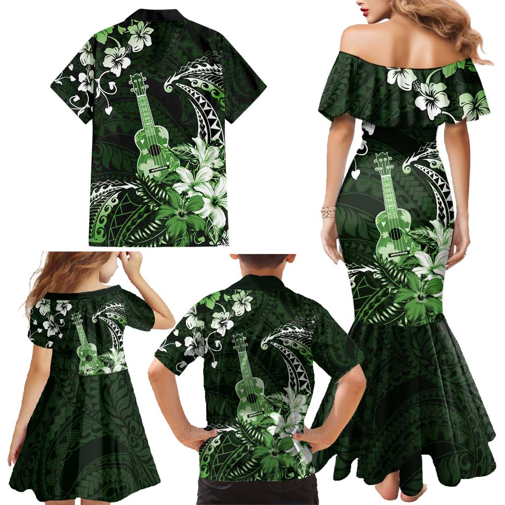 Hawaii Ukulele Family Matching Mermaid Dress and Hawaiian Shirt Polynesian Pattern Mix Hibiscus Green Version LT05 - Polynesian Pride