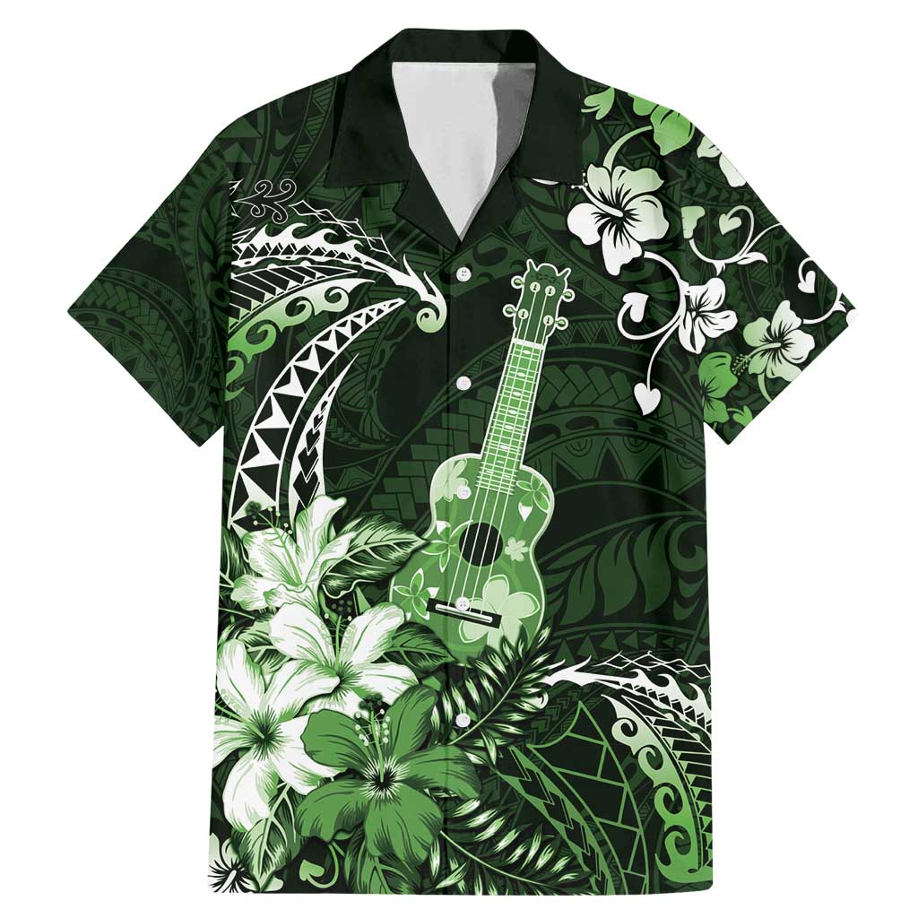 Hawaii Ukulele Family Matching Mermaid Dress and Hawaiian Shirt Polynesian Pattern Mix Hibiscus Green Version LT05 Dad's Shirt - Short Sleeve Green - Polynesian Pride