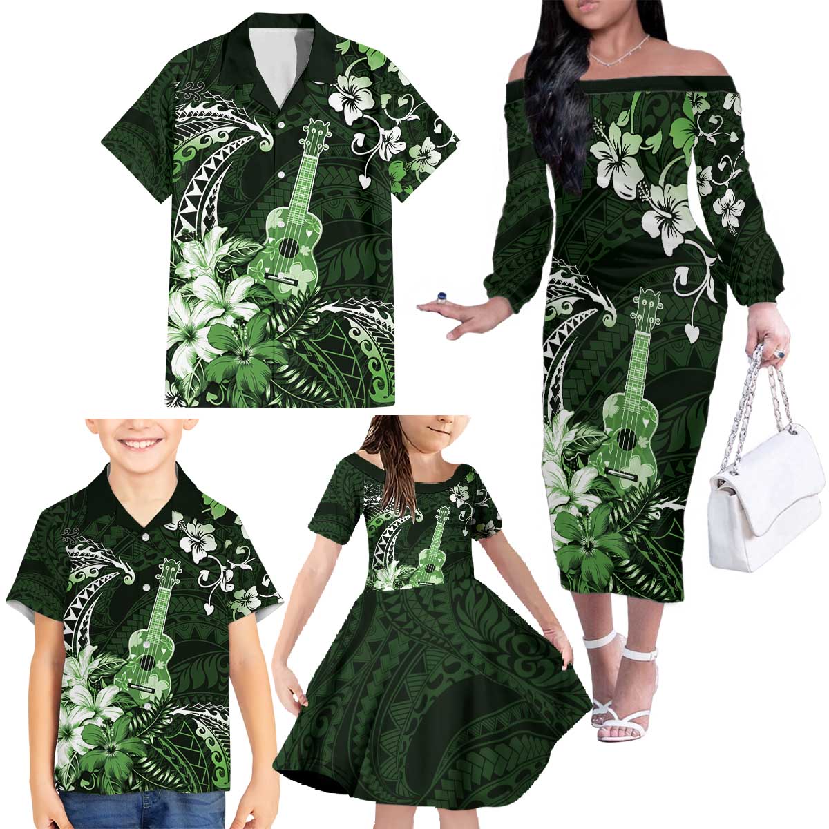 Hawaii Ukulele Family Matching Off The Shoulder Long Sleeve Dress and Hawaiian Shirt Polynesian Pattern Mix Hibiscus Green Version LT05