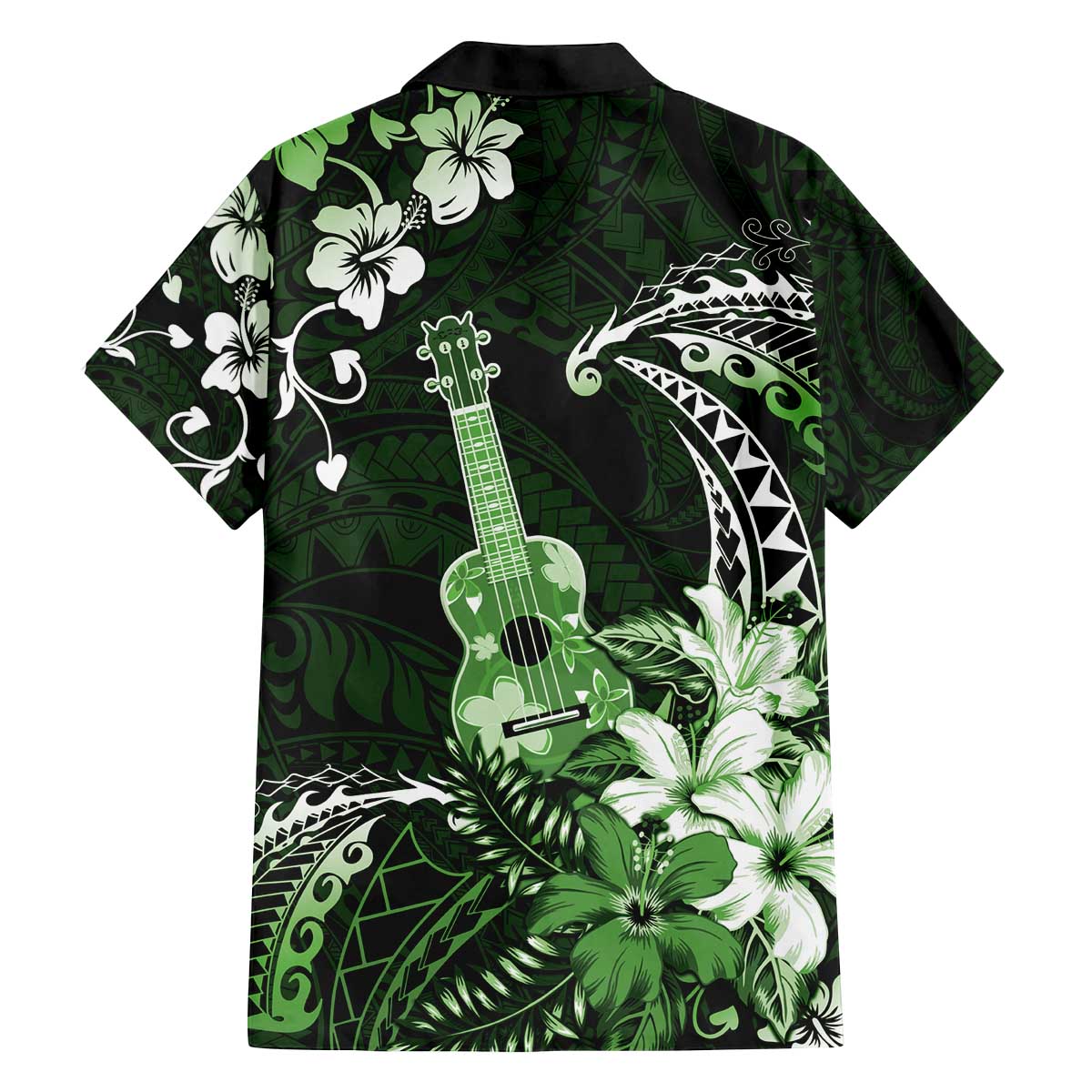 Hawaii Ukulele Family Matching Off The Shoulder Long Sleeve Dress and Hawaiian Shirt Polynesian Pattern Mix Hibiscus Green Version LT05