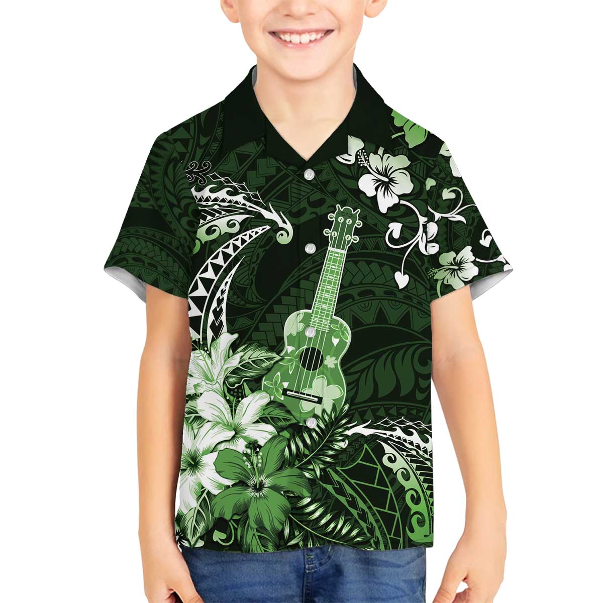 Hawaii Ukulele Family Matching Off The Shoulder Long Sleeve Dress and Hawaiian Shirt Polynesian Pattern Mix Hibiscus Green Version LT05