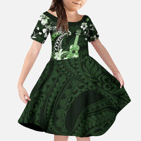 Hawaii Ukulele Family Matching Off Shoulder Maxi Dress and Hawaiian Shirt Polynesian Pattern Mix Hibiscus Green Version LT05 Daughter's Dress Green - Polynesian Pride