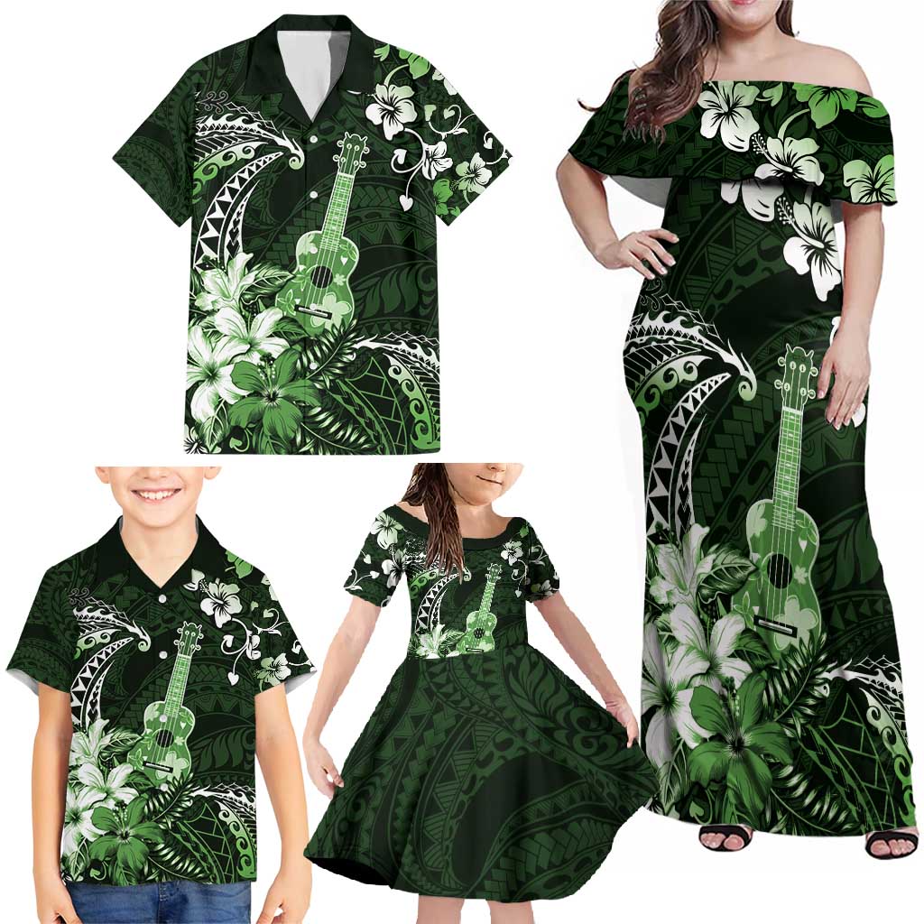 Hawaii Ukulele Family Matching Off Shoulder Maxi Dress and Hawaiian Shirt Polynesian Pattern Mix Hibiscus Green Version LT05 - Polynesian Pride