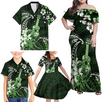 Hawaii Ukulele Family Matching Off Shoulder Maxi Dress and Hawaiian Shirt Polynesian Pattern Mix Hibiscus Green Version LT05 - Polynesian Pride