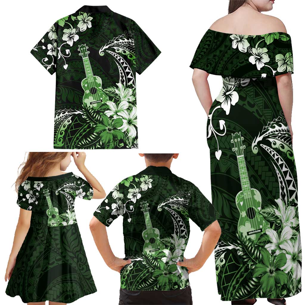 Hawaii Ukulele Family Matching Off Shoulder Maxi Dress and Hawaiian Shirt Polynesian Pattern Mix Hibiscus Green Version LT05 - Polynesian Pride