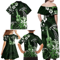 Hawaii Ukulele Family Matching Off Shoulder Maxi Dress and Hawaiian Shirt Polynesian Pattern Mix Hibiscus Green Version LT05 - Polynesian Pride