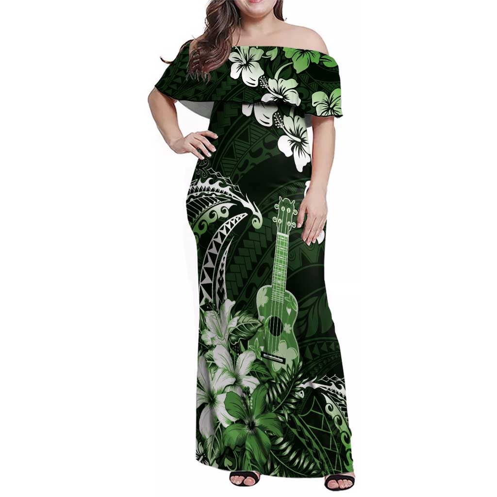 Hawaii Ukulele Family Matching Off Shoulder Maxi Dress and Hawaiian Shirt Polynesian Pattern Mix Hibiscus Green Version LT05 Mom's Dress Green - Polynesian Pride