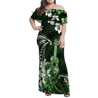 Hawaii Ukulele Family Matching Off Shoulder Maxi Dress and Hawaiian Shirt Polynesian Pattern Mix Hibiscus Green Version LT05 Mom's Dress Green - Polynesian Pride
