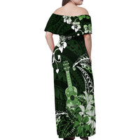 Hawaii Ukulele Family Matching Off Shoulder Maxi Dress and Hawaiian Shirt Polynesian Pattern Mix Hibiscus Green Version LT05 - Polynesian Pride