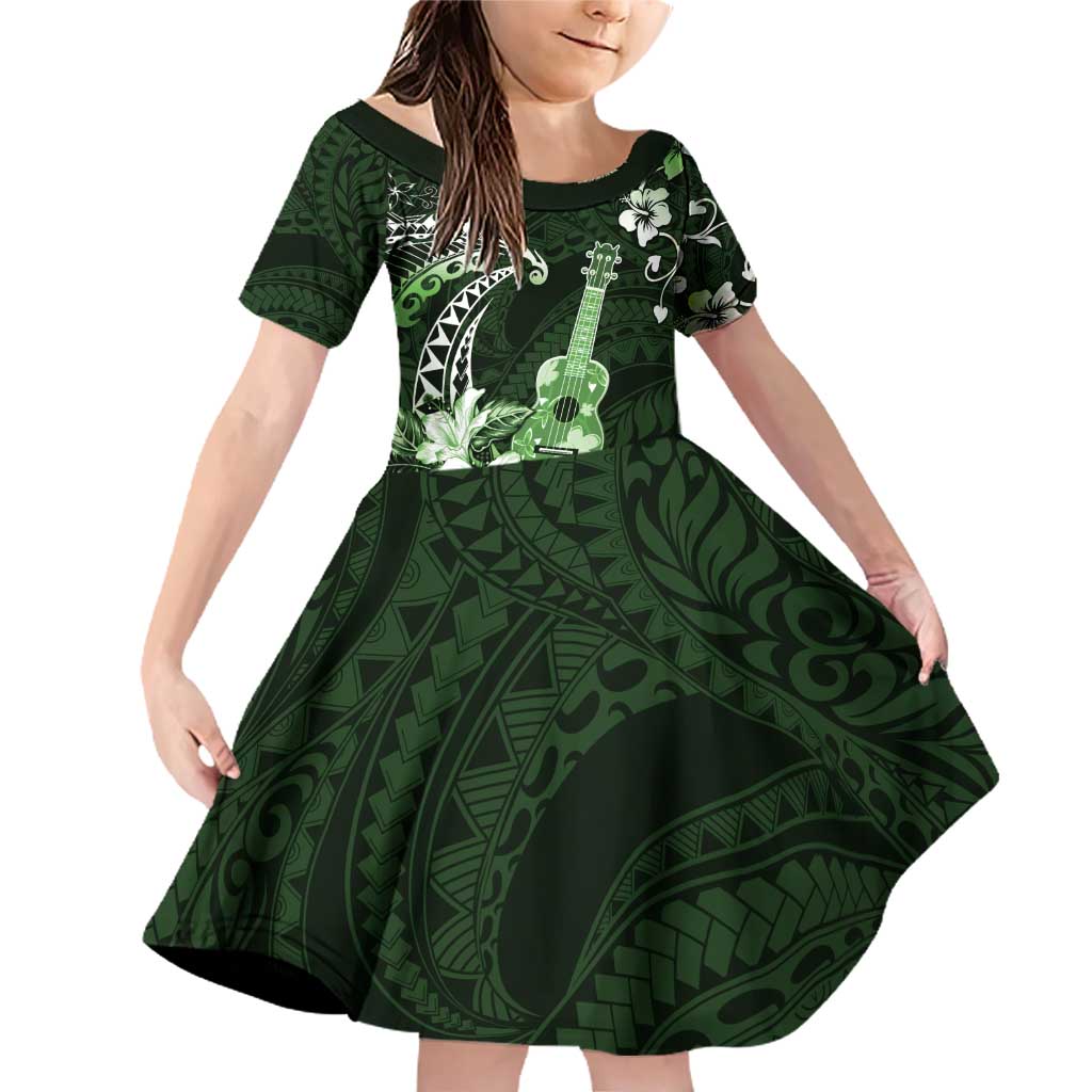 Hawaii Ukulele Family Matching Off Shoulder Short Dress and Hawaiian Shirt Polynesian Pattern Mix Hibiscus Green Version LT05 Daughter's Dress Green - Polynesian Pride