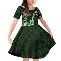 Hawaii Ukulele Family Matching Off Shoulder Short Dress and Hawaiian Shirt Polynesian Pattern Mix Hibiscus Green Version LT05 Daughter's Dress Green - Polynesian Pride