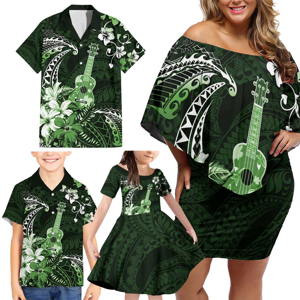 Hawaii Ukulele Family Matching Off Shoulder Short Dress and Hawaiian Shirt Polynesian Pattern Mix Hibiscus Green Version LT05 - Polynesian Pride