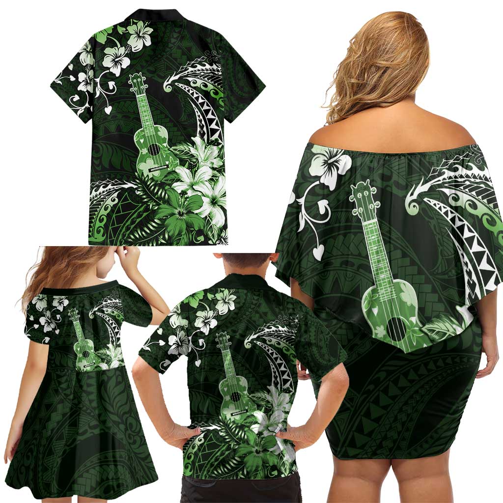 Hawaii Ukulele Family Matching Off Shoulder Short Dress and Hawaiian Shirt Polynesian Pattern Mix Hibiscus Green Version LT05 - Polynesian Pride