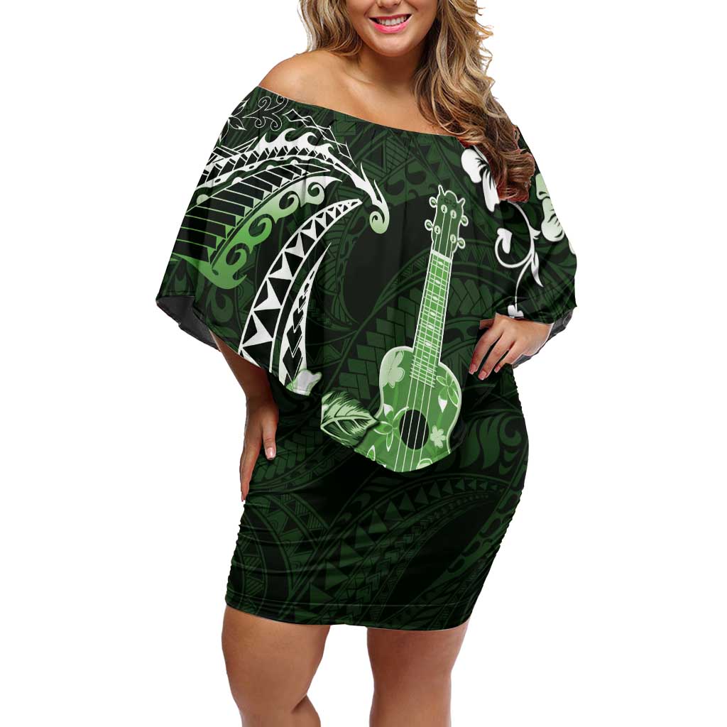 Hawaii Ukulele Family Matching Off Shoulder Short Dress and Hawaiian Shirt Polynesian Pattern Mix Hibiscus Green Version LT05 Mom's Dress Green - Polynesian Pride