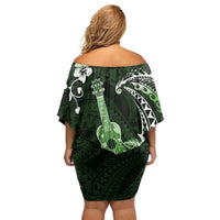 Hawaii Ukulele Family Matching Off Shoulder Short Dress and Hawaiian Shirt Polynesian Pattern Mix Hibiscus Green Version LT05 - Polynesian Pride