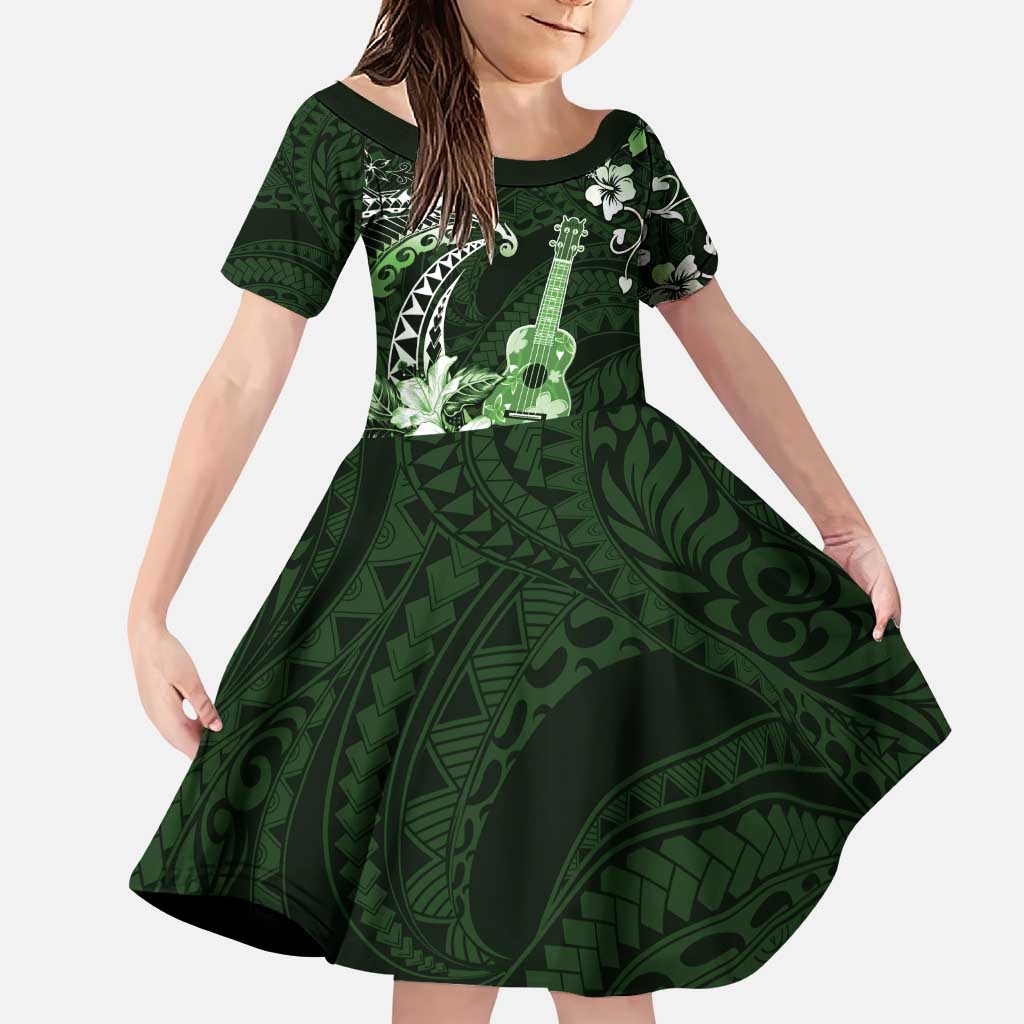 Hawaii Ukulele Family Matching Puletasi and Hawaiian Shirt Polynesian Pattern Mix Hibiscus Green Version LT05