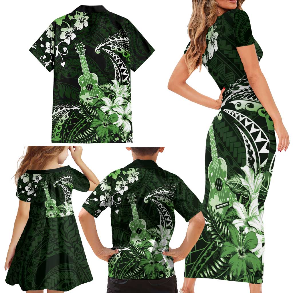 Hawaii Ukulele Family Matching Short Sleeve Bodycon Dress and Hawaiian Shirt Polynesian Pattern Mix Hibiscus Green Version LT05 - Polynesian Pride