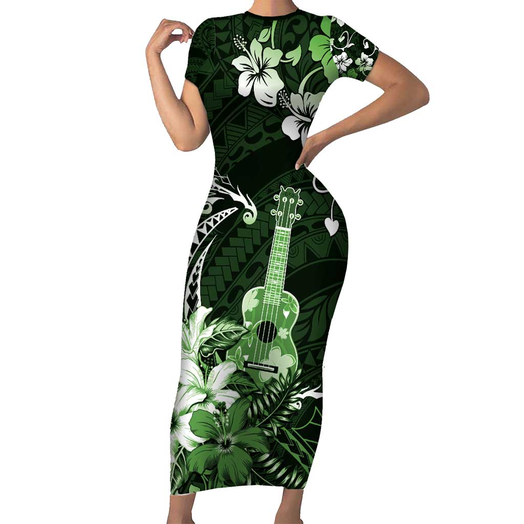 Hawaii Ukulele Family Matching Short Sleeve Bodycon Dress and Hawaiian Shirt Polynesian Pattern Mix Hibiscus Green Version LT05 Mom's Dress Green - Polynesian Pride