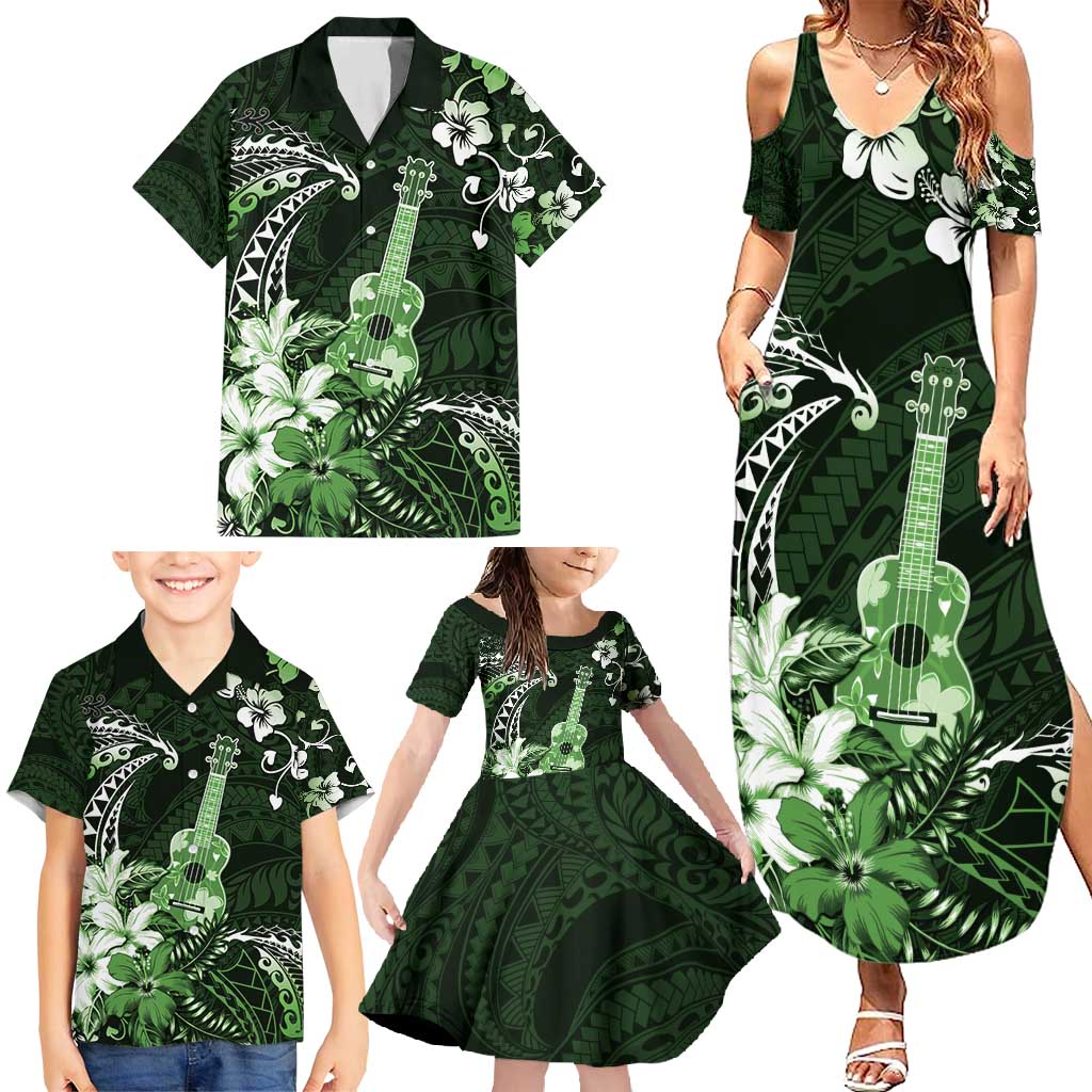 Hawaii Ukulele Family Matching Summer Maxi Dress and Hawaiian Shirt Polynesian Pattern Mix Hibiscus Green Version LT05 - Polynesian Pride