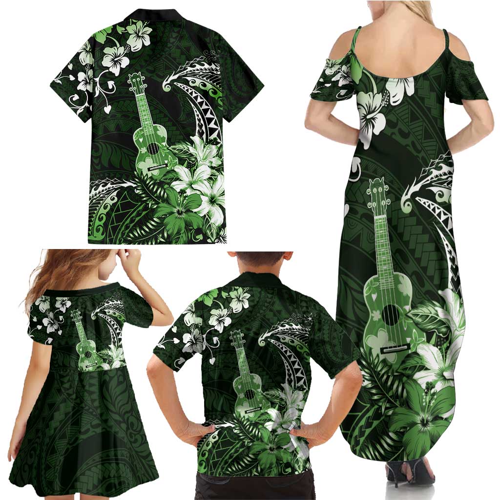 Hawaii Ukulele Family Matching Summer Maxi Dress and Hawaiian Shirt Polynesian Pattern Mix Hibiscus Green Version LT05 - Polynesian Pride