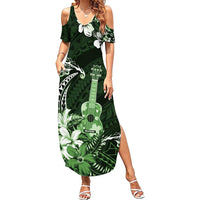Hawaii Ukulele Family Matching Summer Maxi Dress and Hawaiian Shirt Polynesian Pattern Mix Hibiscus Green Version LT05 Mom's Dress Green - Polynesian Pride