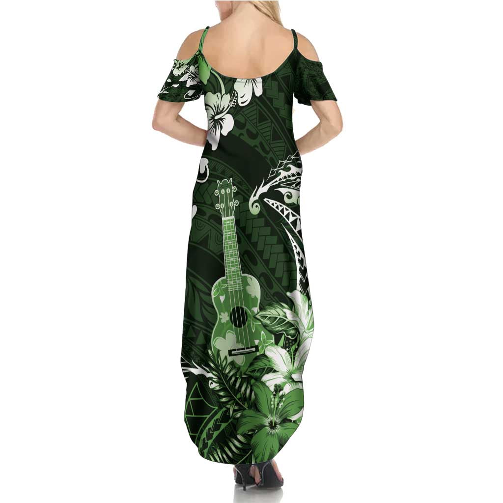 Hawaii Ukulele Family Matching Summer Maxi Dress and Hawaiian Shirt Polynesian Pattern Mix Hibiscus Green Version LT05 - Polynesian Pride