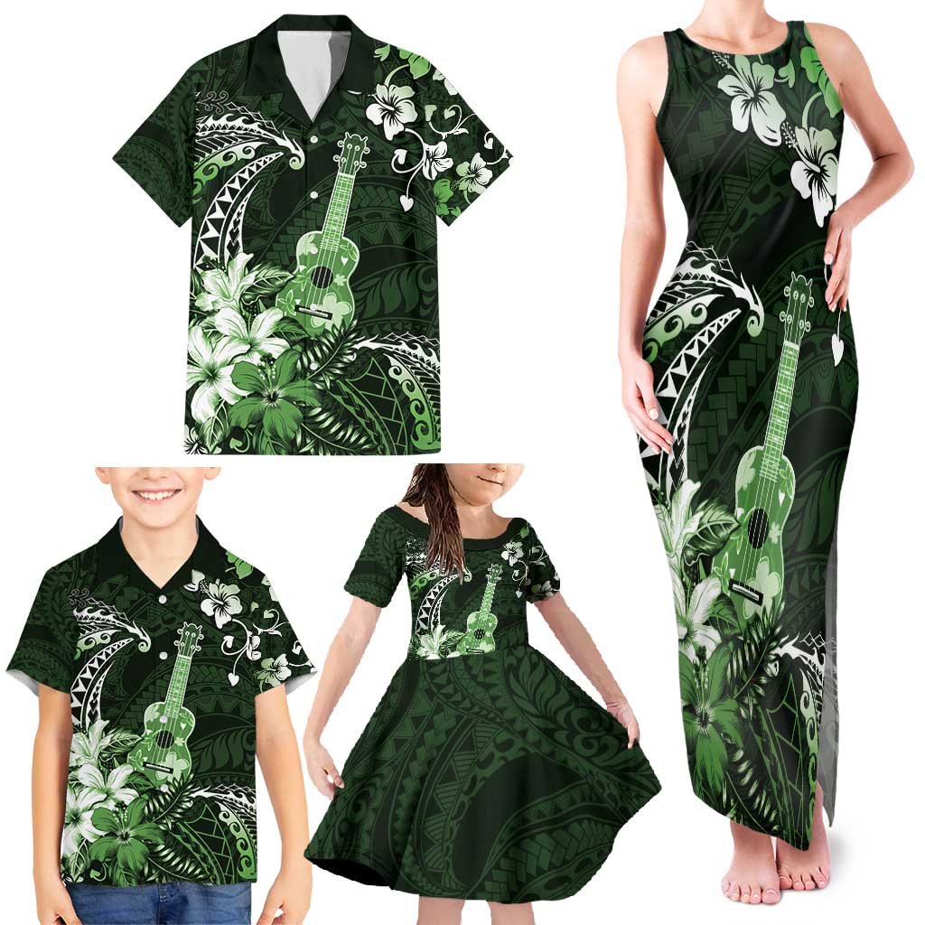 Hawaii Ukulele Family Matching Tank Maxi Dress and Hawaiian Shirt Polynesian Pattern Mix Hibiscus Green Version LT05 - Polynesian Pride