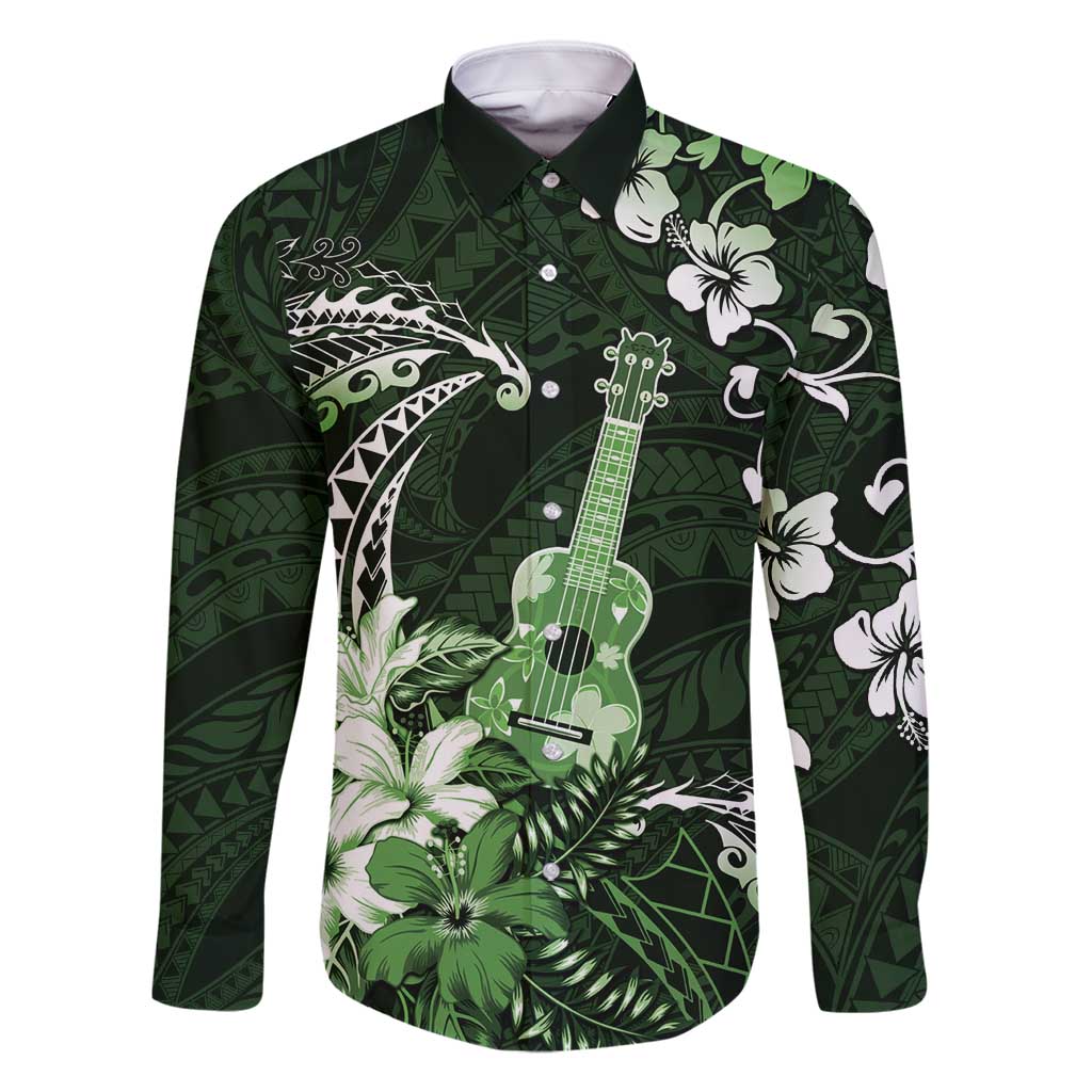 Hawaii Ukulele Family Matching Tank Maxi Dress and Hawaiian Shirt Polynesian Pattern Mix Hibiscus Green Version LT05 Dad's Shirt - Long Sleeve Green - Polynesian Pride