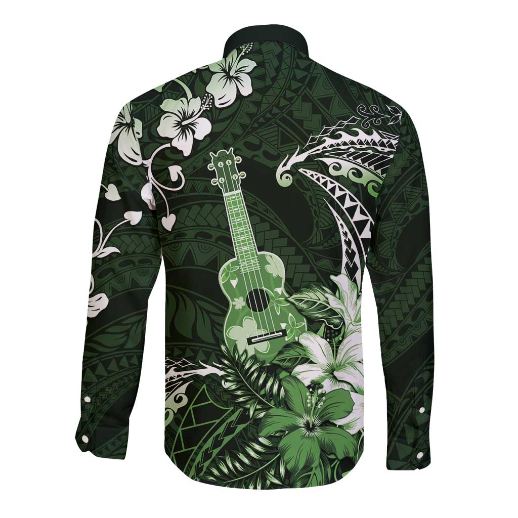 Hawaii Ukulele Long Sleeve Button Shirt Polynesian Pattern Mix Hibiscus Green Version LT05 - Polynesian Pride