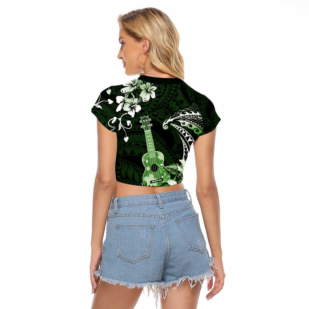 Hawaii Ukulele Raglan Cropped T Shirt Polynesian Pattern Mix Hibiscus Green Version LT05 - Polynesian Pride