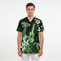 Hawaii Ukulele Scrub Top Polynesian Pattern Mix Hibiscus Green Version - Polynesian Pride