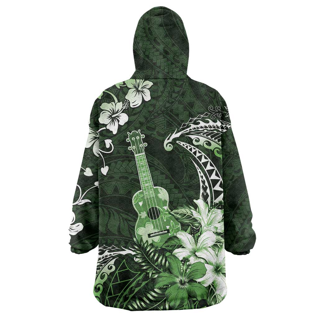 Hawaii Ukulele Wearable Blanket Hoodie Polynesian Pattern Mix Hibiscus Green Version LT05
