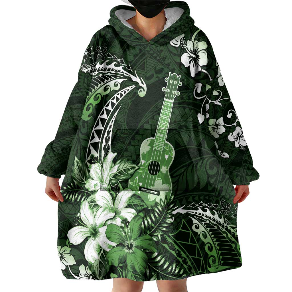 Hawaii Ukulele Wearable Blanket Hoodie Polynesian Pattern Mix Hibiscus Green Version LT05