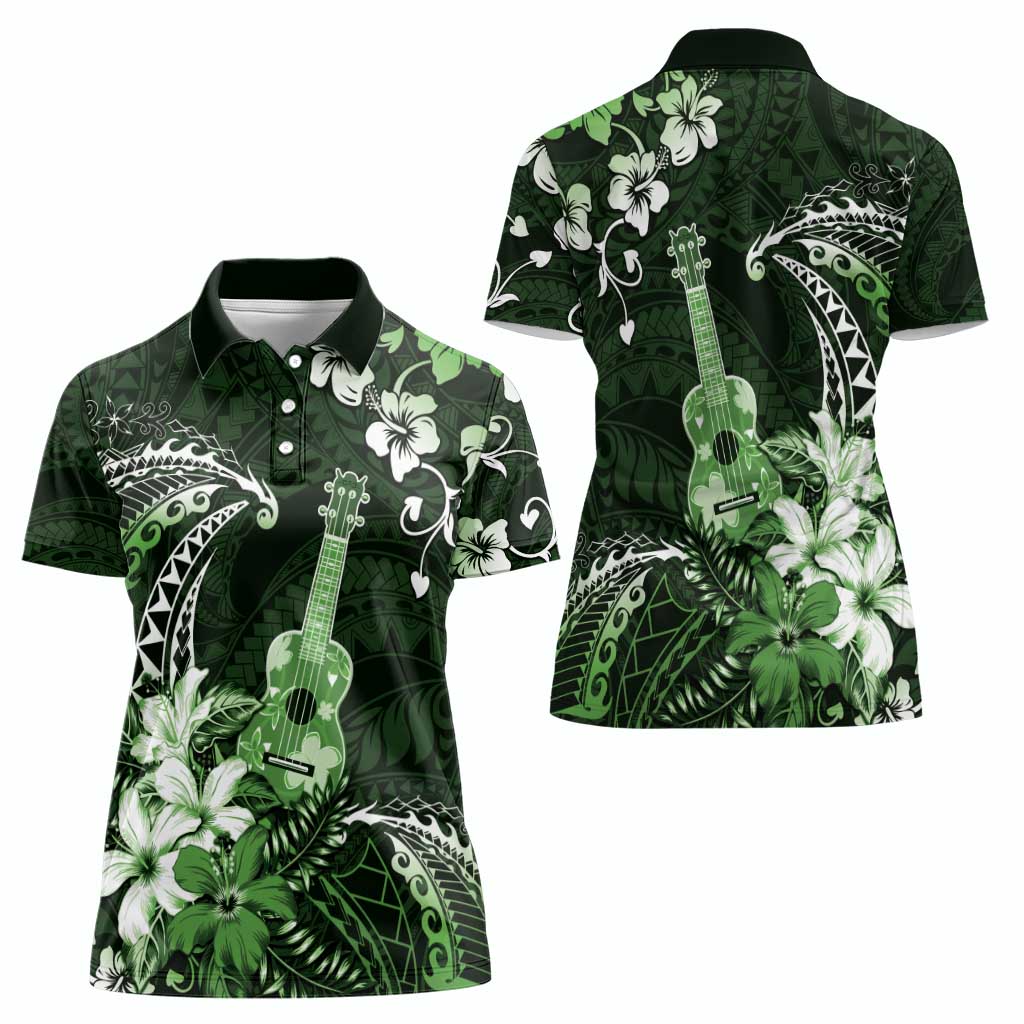 Hawaii Ukulele Women Polo Shirt Polynesian Pattern Mix Hibiscus Green Version LT05