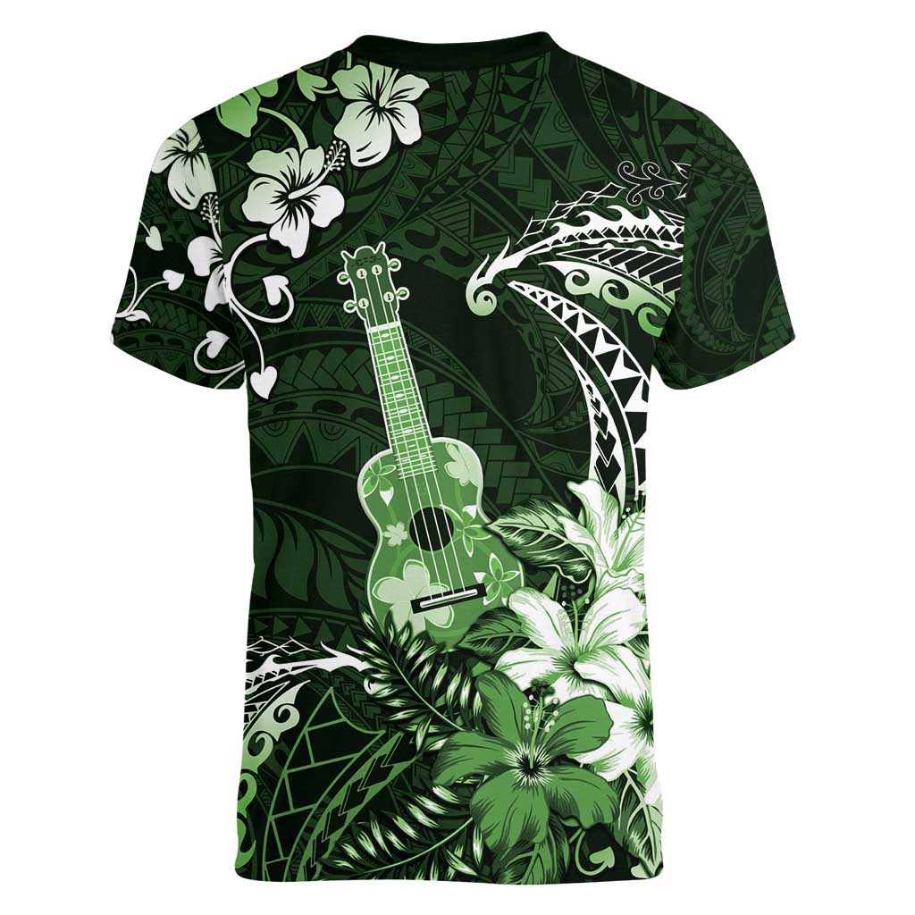 Hawaii Ukulele Women V-Neck T-Shirt Polynesian Pattern Mix Hibiscus Green Version LT05 - Polynesian Pride