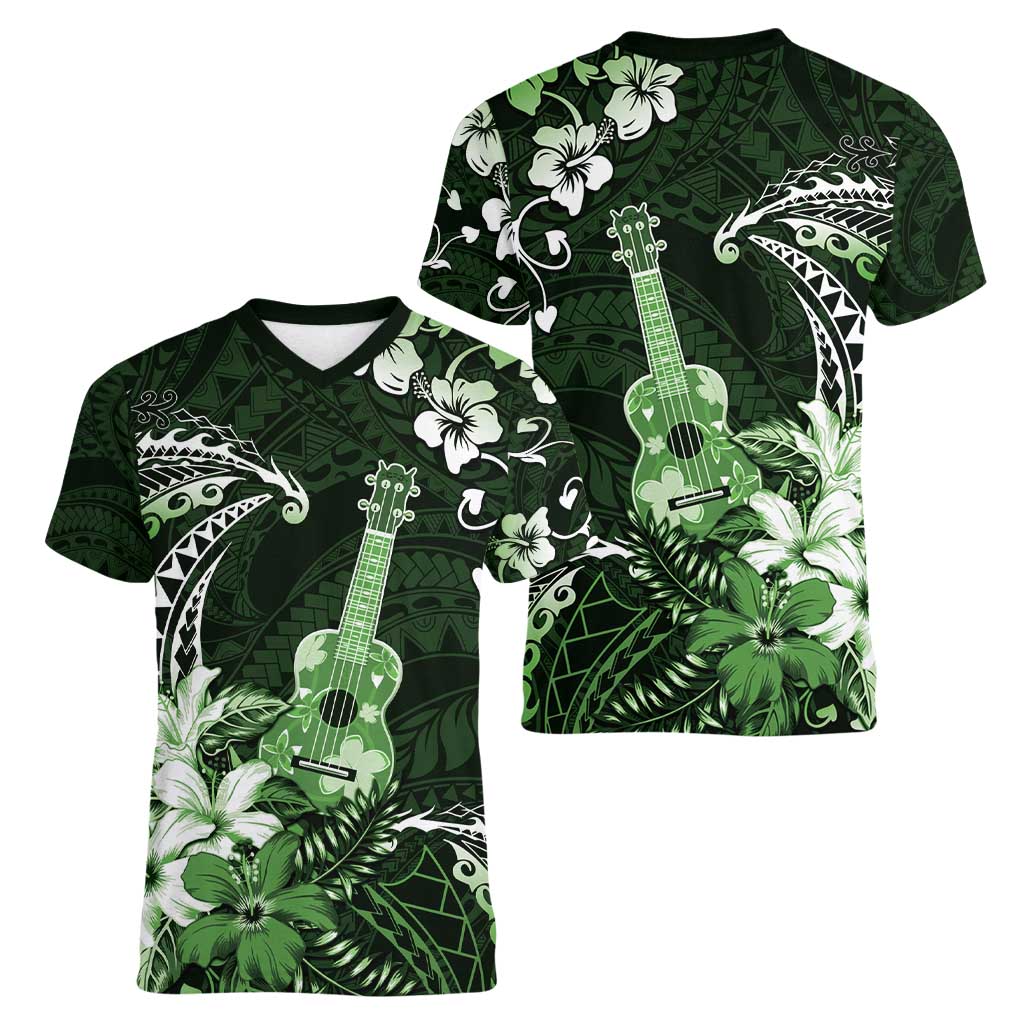Hawaii Ukulele Women V-Neck T-Shirt Polynesian Pattern Mix Hibiscus Green Version LT05 - Polynesian Pride