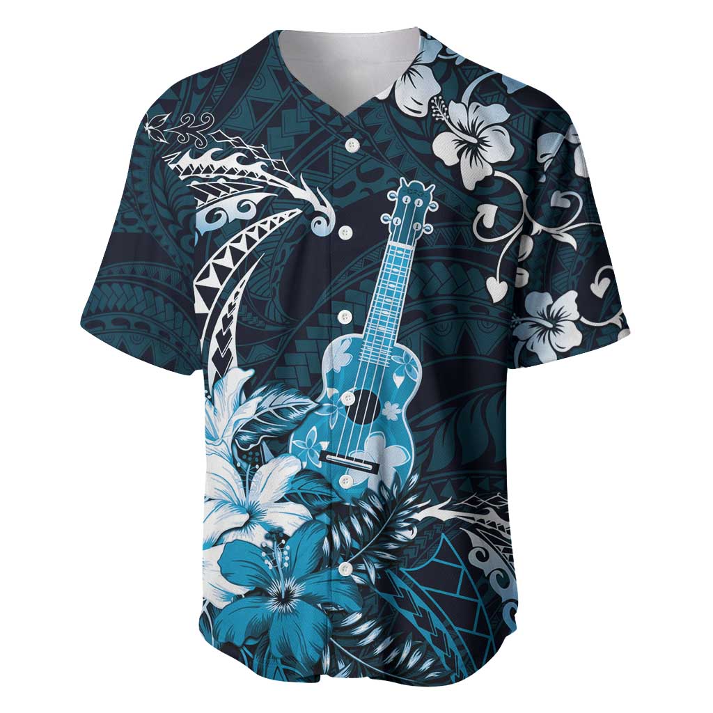 Hawaii Ukulele Baseball Jersey Polynesian Pattern Mix Hibiscus Blue Version LT05 Blue - Polynesian Pride
